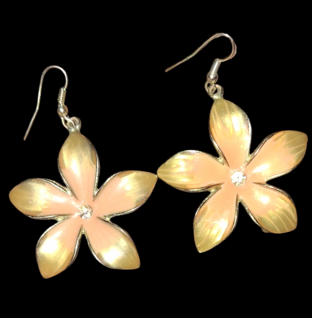 Hombre Plumeria Floral Earrings Rhinestone Center Silvertone